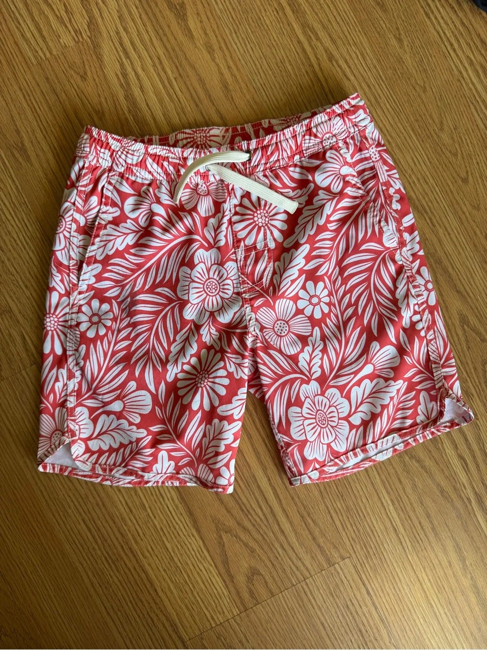 🟢3/$15 🌺 Fair Harbor Boys Size S Soft Floral Swim Shorts | Red White Hawaiian Pr